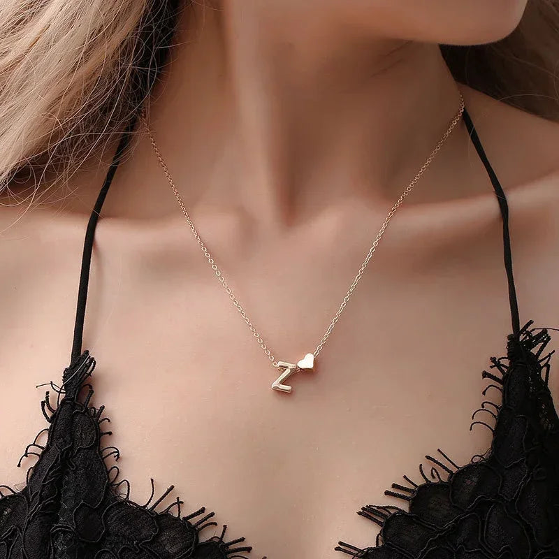 Dainty Initial Necklace with Tiny Heart