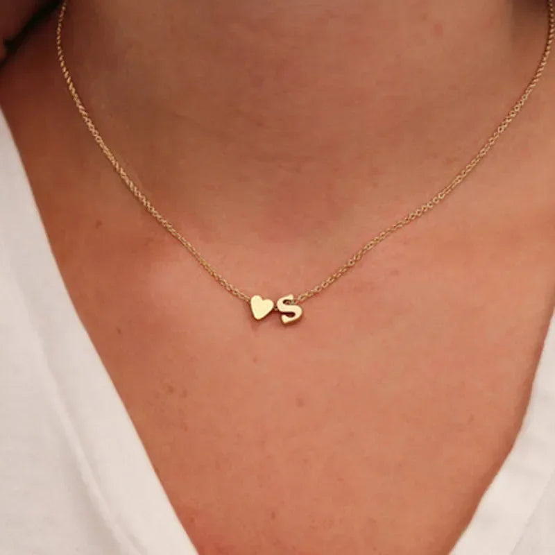 Dainty Initial Necklace with Tiny Heart